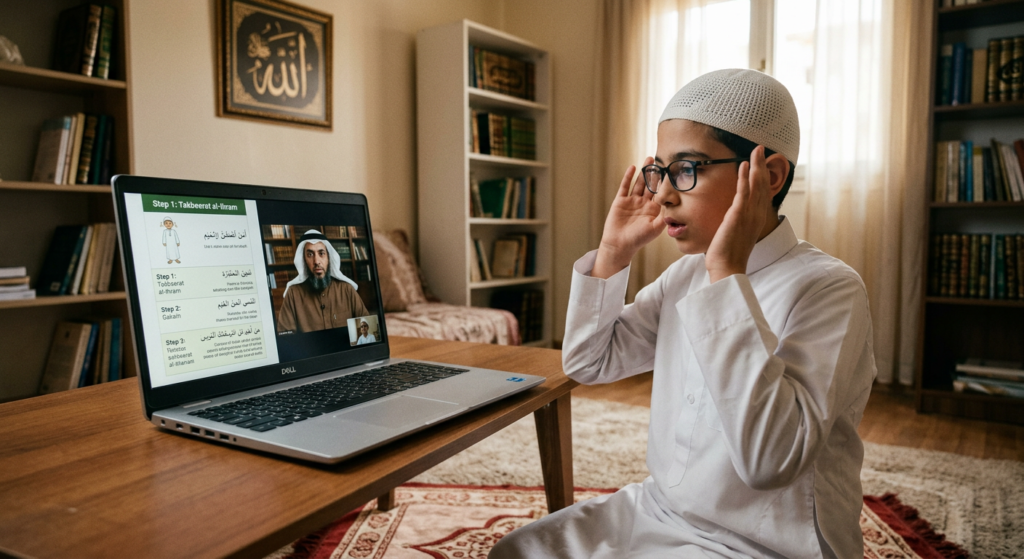 firefly gemini flash islamic male child knows prayer steps on laptop from laptop and show the male teach 191729 (1)