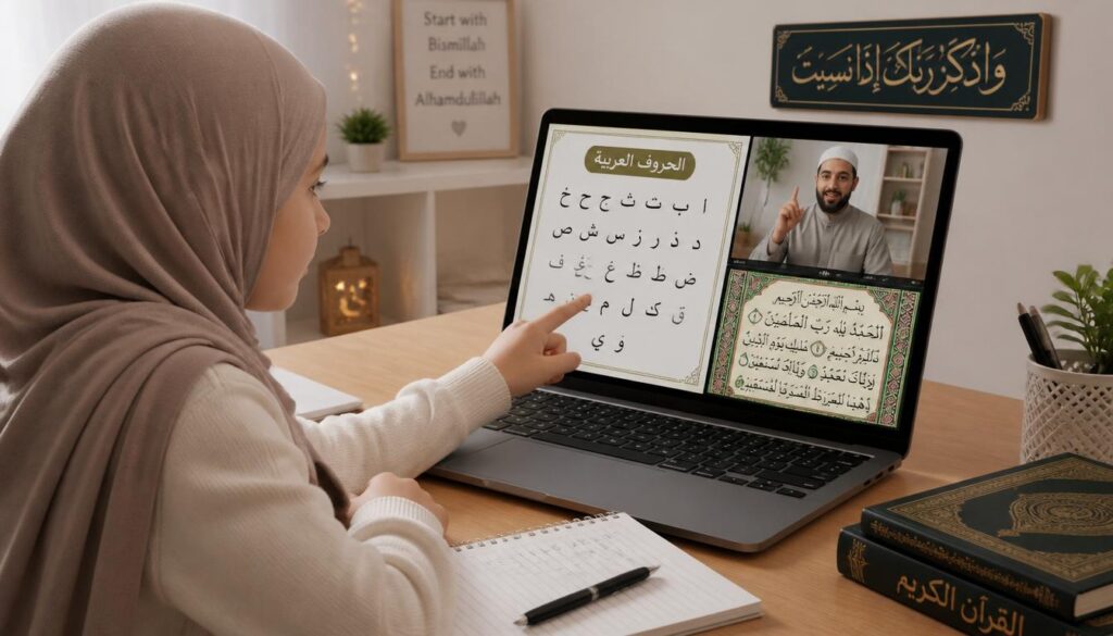 gpt image 2 female white girl with hijjab reads arabic letters from laptop and show the male 0