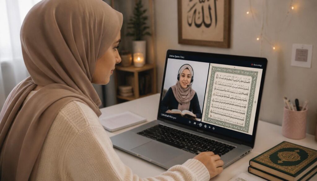 gpt image 2 female white girl with hijjab reads quran from laptop and show the female teache 0
