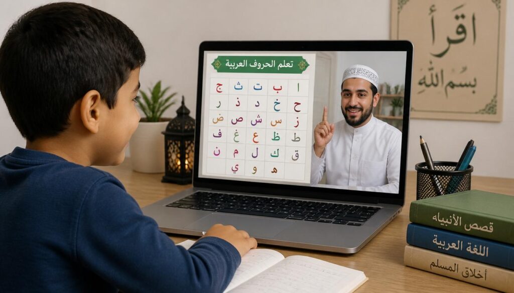gpt image 2 male child reads arabic letters from laptop and show the male teacher and arabic 0